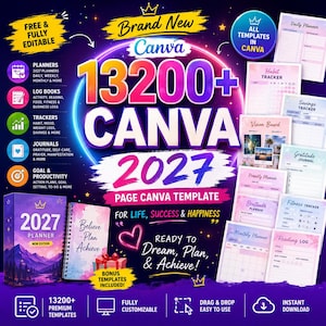 May include: A digital product bundle featuring 13200+ Canva templates for 2027 planners, log books, trackers, journals, and goal setting tools. The graphic displays a dark purple background with neon accents, text, and previews of various printable pages.