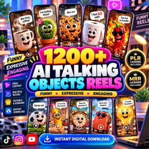 Puede incluir: Una colección digital de más de 1200 videos de objetos animados parlantes con personajes como una taza de café, cactus, galleta, papel higiénico, chile, balón, lápiz, reloj, maleta y bombilla, acompañados de diversos textos.