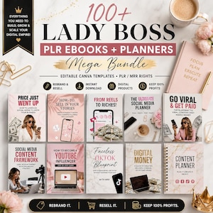 Peut inclure: Un ensemble de produits numériques comprenant plus de 100 ebooks et planificateurs Lady Boss PLR avec des modèles Canva modifiables. La collection inclut des guides sur les réseaux sociaux, la planification de contenu et les revenus numériques.