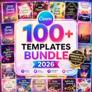 Może przedstawiać: Cyfrowy pakiet ponad 100 szablonów Canva do planerów i dzienników na rok 2026. Grafika przedstawia centralny biały kwadrat z tekstem 100+ TEMPLATES BUNDLE 2026, otoczony różnymi okładkami dzienników, w tym terapeutycznymi, ślubnymi i nawyków.