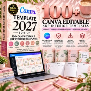 以下が含まれることがあります： プランナー、ジャーナル、トラッカー、ワークブック用の100種類以上のCanva編集可能なKDPインテリアテンプレートを含むデジタル製品バンドル。テンプレートデザインを表示するノートパソコン、印刷された小冊子、ペン、ゴールドのバインダークリップが写っています。
