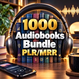 Puede incluir: Un conjunto de libros verticales alineados, enmarcados por auriculares negros grandes. El texto 1000 Audiobooks Bundle PLR/MRR aparece en letras doradas y blancas. Un teléfono inteligente con una visualización de onda se sitúa en primer plano.