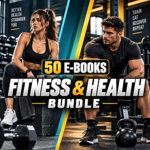 Peut inclure: Un ensemble de produits numériques intitulé 50 E-BOOKS FITNESS & HEALTH BUNDLE montrant deux personnes dans une salle de sport. Le texte BETTER HEALTH STRONGER YOU et TRAIN EAT RECOVER REPEAT est visible. L'image inclut des haltères et un kettlebell.