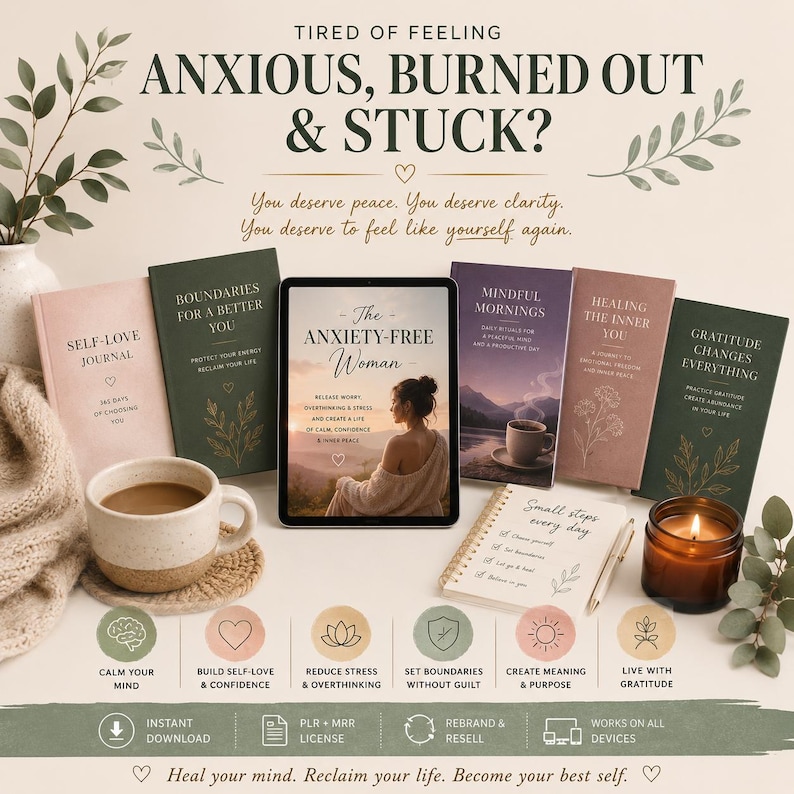 以下が含まれることがあります： The Anxiety-Free Woman、Self-Love Journal、Boundaries for a Better You、Mindful Mornings、Healing the Inner You、Gratitude Changes Everythingというタイトルのデジタルジャーナルとガイドのコレクション。マグカップとキャンドルが添えられています。