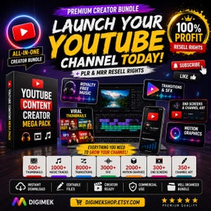 Puede incluir: Un paquete de productos digitales para creadores de YouTube con una caja etiquetada YouTube Content Creator Mega Pack, una computadora portátil con software de edición y un teléfono inteligente. El texto incluye Launch Your YouTube Channel Today.