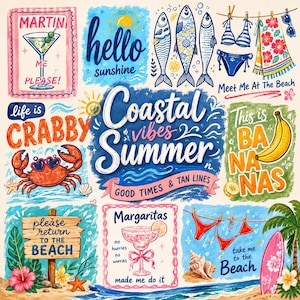 Trendy Coastal Summer Bundle SVG, Hand Drawn Beach Graphics PNG, Ocean Aesthetic Sublimation, Retro Summer Clipart, Coastal Cowgirl SVG