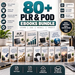 Może przedstawiać: Cyfrowy pakiet produktów zawierający ponad 80 ebooków PLR i POD. Wyświetlacz zawiera wiele okładek książek z tytułami takimi jak PLR Advantage, Passive-Income-Domination i Road to PLR Riches, wraz z ikonami plików PDF, plików zip i pobierania.