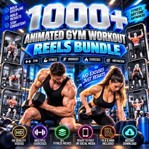 1000+ Animated Gym Workout Reels Bundle | Faceless Fitness Content | PLR MRR Digital Download | DFY Instagram TikTok Shorts | Gym Motivation