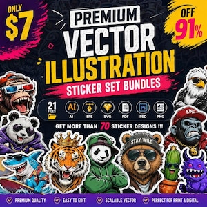 Peut inclure: Une publicité graphique numérique pour un ensemble de vignettes d'illustration vectorielle premium comprenant 21 fichiers aux formats AI, EPS, SVG, PDF, PSD et PNG. Le design présente divers personnages d'animaux de dessin animé dont un requin.