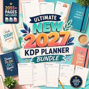 Peut inclure: Un ensemble de planificateurs numériques KDP avec le texte Ultimate New 2027 KDP Planner Bundle, 2055+ Pages Included et Designed for Success Made to Inspire. L'ensemble comprend des carnets à spirales, des feuilles de planification et une tasse.