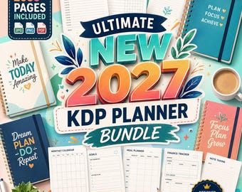 Może przedstawiać: Cyfrowy pakiet planerów KDP z tekstem Ultimate New 2027 KDP Planner Bundle, 2055+ Pages Included oraz Designed for Success Made to Inspire. Zestaw zawiera różne notatniki spiralne, luźne strony planera oraz filiżankę kawy.