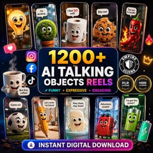 AI Talking Objects Reels Bundle 1200+ Faceless Videos for TikTok, Instagram & Shorts | PLR MRR Commercial Resell Rights | Canva Templates
