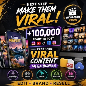 May include: A digital marketing bundle advertisement featuring the text NEXT STEP MAKE THEM VIRAL, +100,000 READY TO POST, and FACELAST VIRAL CONTENT MEGA BUNDLE. Includes smartphone screens, a computer monitor, folder icons, and five circular category icons.