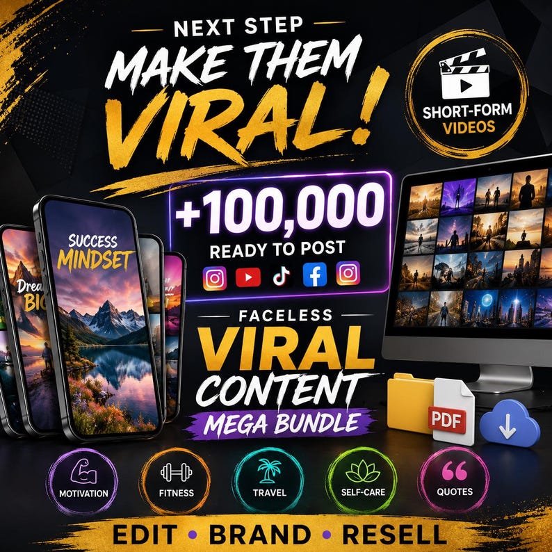 May include: A digital marketing bundle advertisement featuring the text NEXT STEP MAKE THEM VIRAL, +100,000 READY TO POST, and FACELAST VIRAL CONTENT MEGA BUNDLE. Includes smartphone screens, a computer monitor, folder icons, and five circular category icons.