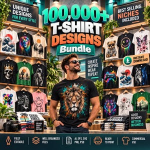 Pode incluir: Um anúncio digital para um pacote de mais de 100.000 designs de camisetas, mostrando uma pessoa vestindo uma camiseta preta com um leão. A exibição mostra vários designs de camisetas em prateleiras, incluindo uma caveira, astronauta e borboleta.