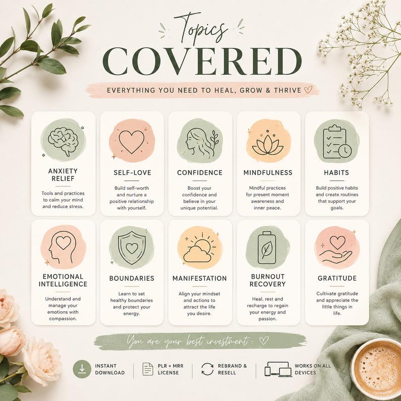 以下が含まれることがあります： Topics Covered, Everything You Need To Heal, Grow & Thriveというタイトルのデジタル情報グラフィック。Anxiety Relief、Self-Love、Confidence、Gratitudeなどのテーマをカバーするアイコンとテキストが記載された10枚の長方形のカードが配置されています。