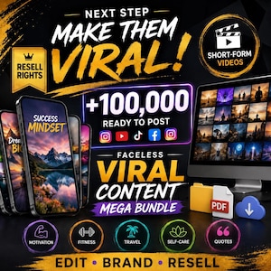 Peut inclure: Un ensemble de marketing numérique avec le texte NEXT STEP MAKE THEM VIRAL, +100,000 READY TO POST et FACELESS VIRAL CONTENT MEGA BUNDLE. Inclut des écrans de smartphone, un écran d'ordinateur, des icônes de réseaux sociaux et des étiquettes.