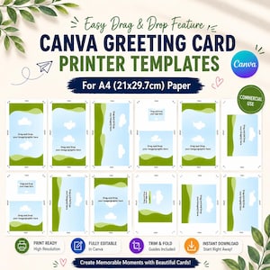Peut inclure: Modèles d'impression de cartes de vœux Canva pour papier A4 (21x29,7 cm). Les modèles sont conçus avec une fonction glisser-déposer. Le texte de l'image indique « Easy Drag & Drop Feature » et « Create Memorable Moments with Beautiful Cards! »
