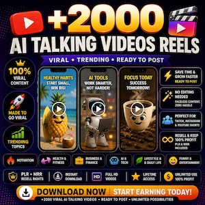 May include: A digital promotional graphic for 2000 AI talking video reels. The design features three smartphone screens displaying animated characters, including a pineapple, a robot, and a coffee cup, alongside text and icons for viral content.