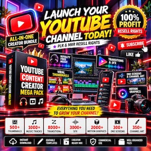 YouTube Creator Mega Bundle PLR ​​MRR | 20K+ Video Assets, Thumbnail Templates, Sound Effects, Intros & Video Editing Transitions