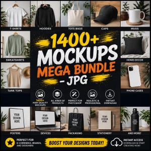 Peut inclure: Un graphique marketing numérique pour un lot de 1400+ maquettes au format JPG. Le texte central indique 1400+ MOCKUPS MEGA BUNDLE - JPG. Autour du texte se trouvent divers modèles de produits, notamment des t-shirts, sweats à capuche, sacs fourre-tout, casquettes, tasses, sweat-shirts, oreillers, coques de téléphone, affiches, ordinateurs portables, sacs à provisions, cahiers et bouteilles d'eau.