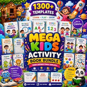 Op de afbeelding: Kleurrijke illustratie die een Mega Kids Activity Book Bundle met meer dan 1300 sjablonen promoot. De afbeelding toont verschillende activiteitenboeken, stripfiguren en de tekst "Learn, Play, Grow". De bundel bevat werkboeken voor handschrift, woordzoekers en optellen.