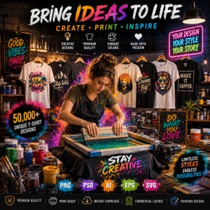 May include: A screen printing workspace featuring a person using a squeegee on a screen over a black t-shirt. The scene includes hanging t-shirts with various graphic designs, neon signage, paint jars, and text overlays promoting 50,000+ unique designs.