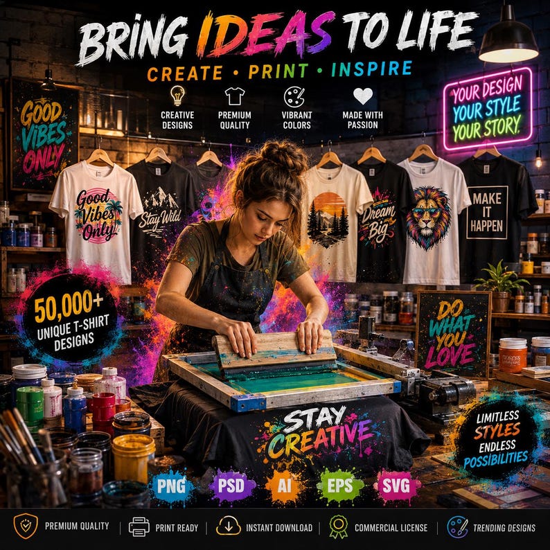 May include: A screen printing workspace featuring a person using a squeegee on a screen over a black t-shirt. The scene includes hanging t-shirts with various graphic designs, neon signage, paint jars, and text overlays promoting 50,000+ unique designs.