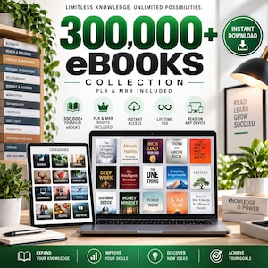 May include: A digital collection of 300,000+ eBooks featuring PLR and MRR rights. The display shows a laptop and tablet screen with various book titles like Atomic Habits and Rich Dad Poor Dad. Text includes Limitless Knowledge, Unlimited Possibilities.