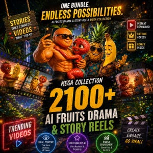 Puede incluir: Un paquete de marketing digital con personajes de frutas antropomórficas, incluyendo una naranja, fresa, piña y plátano. El gráfico incluye el texto: ONE BUNDLE. ENDLESS POSSIBILITIES. AI FRUITS DRAMA & STORY REELS MEGA COLLECTION 2100+.