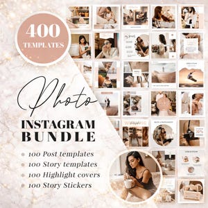 Peut inclure: Un ensemble numérique pour Instagram avec 400 modèles, dont 100 modèles de publications, 100 modèles d'histoires, 100 couvertures de highlights et 100 autocollants d'histoires. Le texte est élégant sur un fond marbré.
