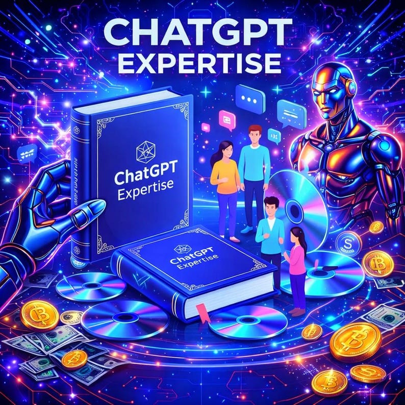 May include: A digital illustration featuring the text "ChatGPT Expertise" above a blue book with the same title. The image includes a futuristic robot, people, CDs, Bitcoin coins, and dollar bills, all set against a vibrant blue background.