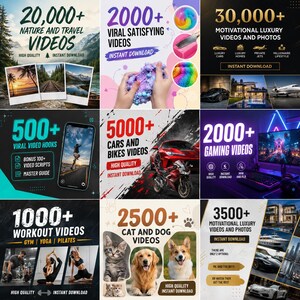 May include: A digital collage featuring nine distinct sections advertising video content bundles, including nature, satisfying slime, luxury lifestyle, viral hooks, cars, bikes, gaming, workout, and pet videos, with bold text overlays and imagery.