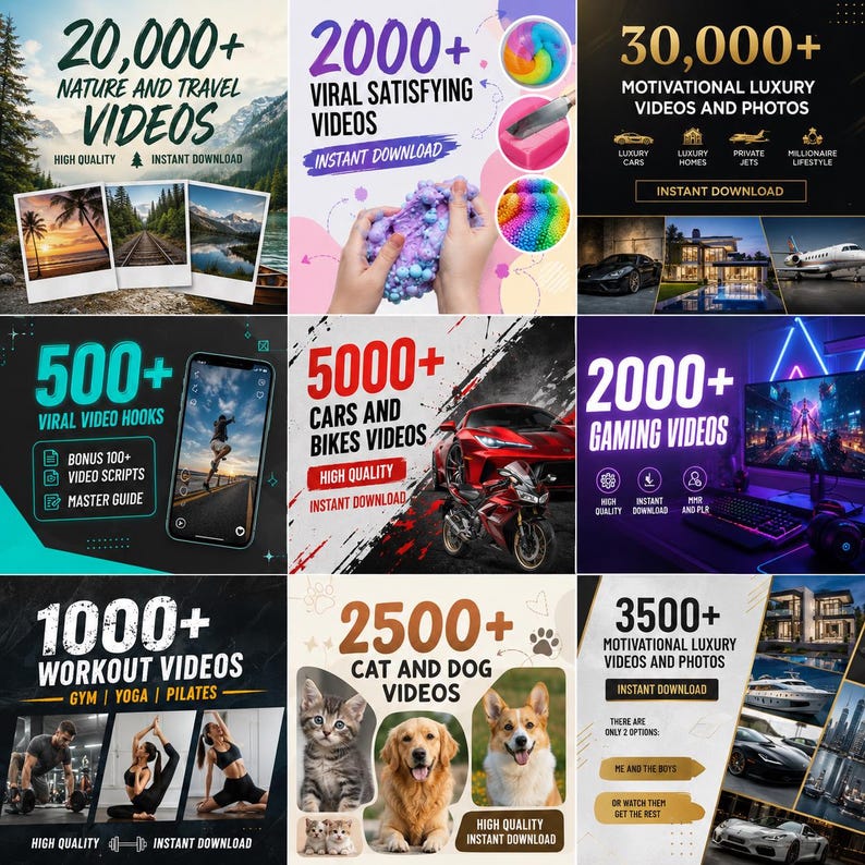 May include: A digital collage featuring nine distinct sections advertising video content bundles, including nature, satisfying slime, luxury lifestyle, viral hooks, cars, bikes, gaming, workout, and pet videos, with bold text overlays and imagery.