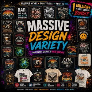 May include: A digital collection of over 1 million t-shirt designs featuring diverse graphic themes, including nature, sports, and motivational quotes, displayed as a collage of square icons with five t-shirts at the bottom of the image.