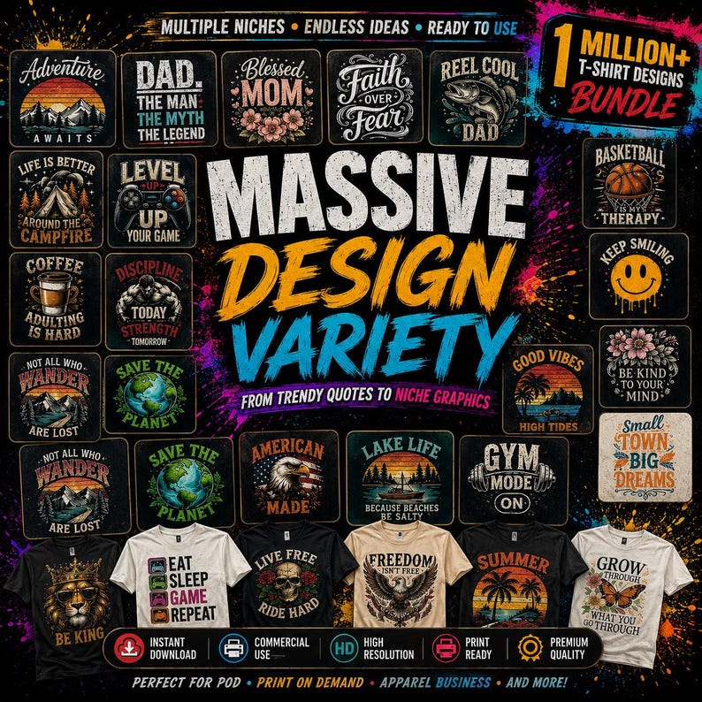 May include: A digital collection of over 1 million t-shirt designs featuring diverse graphic themes, including nature, sports, and motivational quotes, displayed as a collage of square icons with five t-shirts at the bottom of the image.