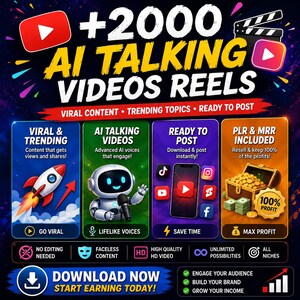 May include: A digital graphic advertisement for 2000 AI Talking Videos Reels featuring a rocket, a robot with a microphone, a smartphone with social media icons, and a treasure chest filled with gold coins, with text including Viral Content and Max Profit.
