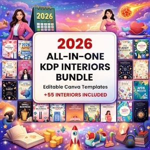 Puede incluir: Un paquete de productos digitales con el texto "2026 ALL-IN-ONE KDP INTERIORS BUNDLE" y "+55 INTERIORS INCLUDED". La imagen presenta ilustraciones de libros, un calendario, un cohete y una mujer embarazada. El producto se describe como plantillas editables de Canva.