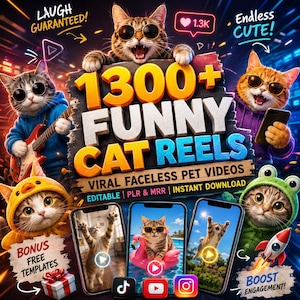 Paket med roliga kattvideor, 1300+ virala videor för TikTok, Instagram, YouTube-shorts, innehållsskapare för ansiktslösa husdjur, PLR och MRR