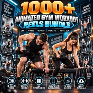 Peut inclure: Un ensemble numérique intitulé 1000+ Animated Gym Workout Reels Bundle avec des textes comme Build Discipline, Build Results et No Excuses Just Results. L'image montre deux personnes soulevant des haltères dans une salle de sport.