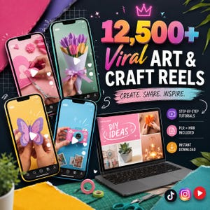 Peut inclure: Un graphique marketing numérique montrant quatre smartphones et un ordinateur portable affichant des vidéos d'artisanat. Le texte indique 12 500+ Viral ART & CRAFT REELS, CREATE. SHARE. INSPIRE., DIY IDEAS, STEP-BY-STEP TUTORIALS, PLR + MRR INCLUDED, INSTANT DOWNLOAD.