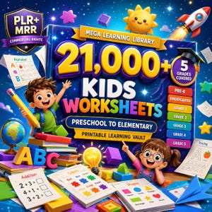 Peut inclure: Une image promotionnelle vibrante pour des fiches d'exercices éducatives pour enfants. L'image présente le texte "21,000+ KIDS WORKSHEETS" avec les mots "Preschool to Elementary" et "Printable Learning Vault". Des illustrations colorées d'enfants et de matériel scolaire sont incluses.