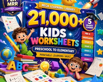 May include: A vibrant graphic promoting kids' educational worksheets. The image features the text "21,000+ KIDS WORKSHEETS" with the words "Preschool to Elementary" and "Printable Learning Vault". Colorful illustrations of children, school supplies, and learning materials are included.
