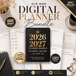 May include: Digital planner bundle for 2026 and 2027, featuring 25 planners and 2,022 pages. The black and gold design includes the text "Digital Planner Bundle" and "You can resell as your own". Includes "Private Label Rights" and "Master Resell Rights".