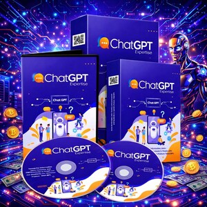May include: A promotional image featuring a blue box set and two CDs labeled "ChatGPT Expertise." The set includes a book and boxes with the same branding. The design incorporates illustrations of people interacting with a chatbot and digital currency.