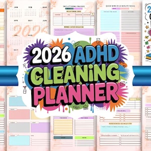 Peut inclure: Un planificateur de nettoyage ADHD 2026 coloré avec diverses pages pour planifier et suivre les tâches. La couverture présente un cerveau avec des fournitures de nettoyage et le titre en couleurs vives. Les pages incluent des routines quotidiennes, des listes de contrôle et des calendriers.