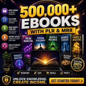 May include: A digital product bundle featuring 500,000+ EBOOKS WITH PLR & MRR. The graphic displays book covers for Online Marketing, Personal Development, Health & Wellness, Business Strategy, Finance & Investing, and Mindset Mastery, alongside a laptop.
