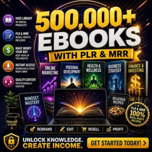 Op de afbeelding: Een digitaal productpakket met 500.000+ EBOOKS WITH PLR & MRR. De afbeelding toont boekomslagen voor online marketing, persoonlijke ontwikkeling, gezondheid, bedrijfsstrategie en financiën, samen met een laptop en diverse iconen.