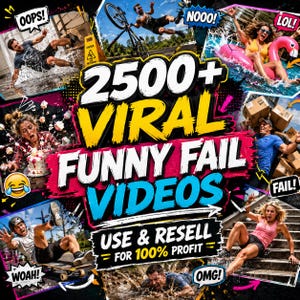 May include: A digital graphic featuring the text 2500+ VIRAL FUNNY FAIL VIDEOS USE & RESELL FOR 100% PROFIT. The image displays a collage of various humorous mishaps, including people falling, a bicycle crash, and a person on a pink flamingo float.