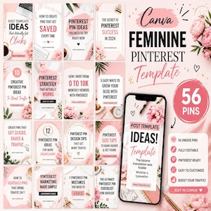 Può includere: Un modello Canva Pinterest dal design femminile, con elementi rosa e bianchi. L'immagine mostra varie idee, strategie e suggerimenti per la progettazione di pin di Pinterest, insieme a un telefono che mostra un modello di post. Il modello include 56 pin unici ed è completamente modificabile.